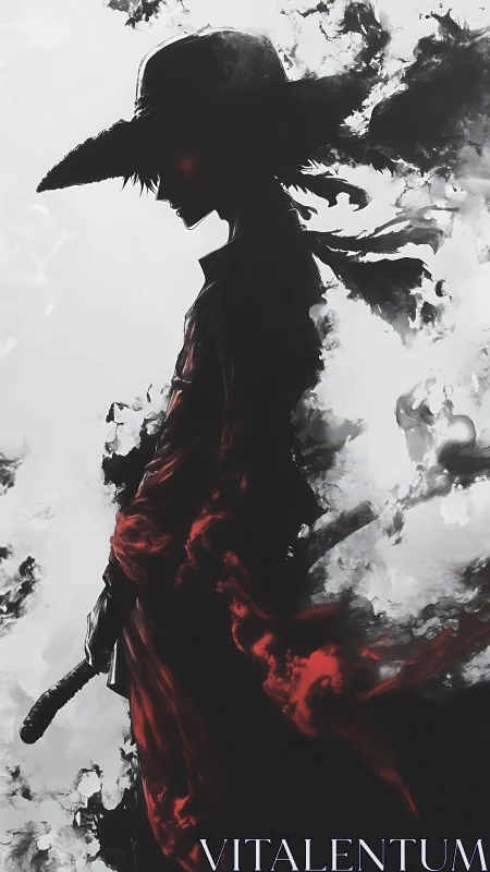 Mysterious swordsman in swirling smoke and crimson shadow.