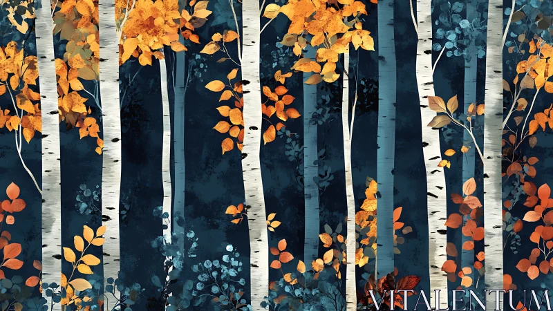 Whispering birch chorus wrapped in midnight autumn glow.