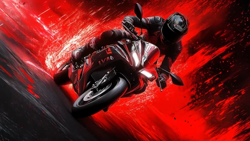 Motorcycle racer cutting through explosive red motion field.