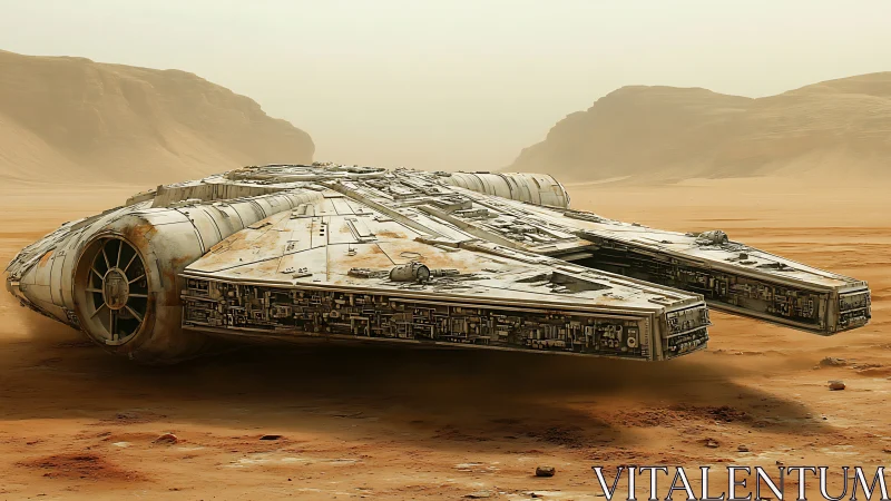 Weathered starship rests quietly on a lonely desert world