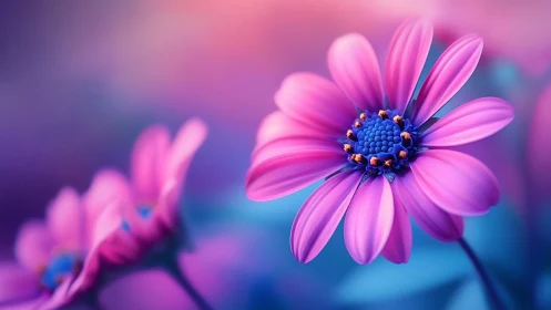 Vibrant Daisy Flowers with Blue Center and Pink Petals in Soft Focus