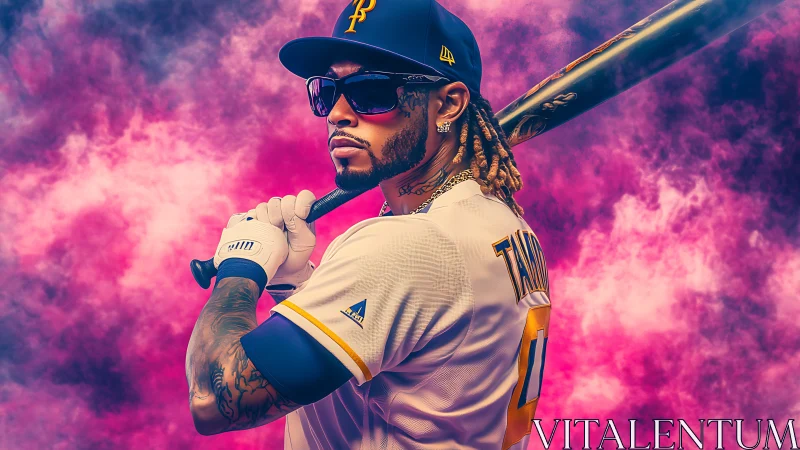 Neon diamond slugger poised in pink storm of swagger.