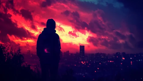 Silhouetted figure facing neon city under blazing sky.
