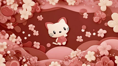 Adorable cat character surrounded by delicate pink flowers and layered landscape