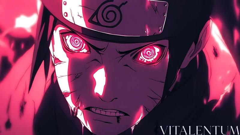 Close view of intense anime ninja character in red light.