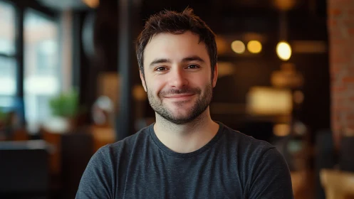 Warm smile in a cozy modern cafe portrait scene.