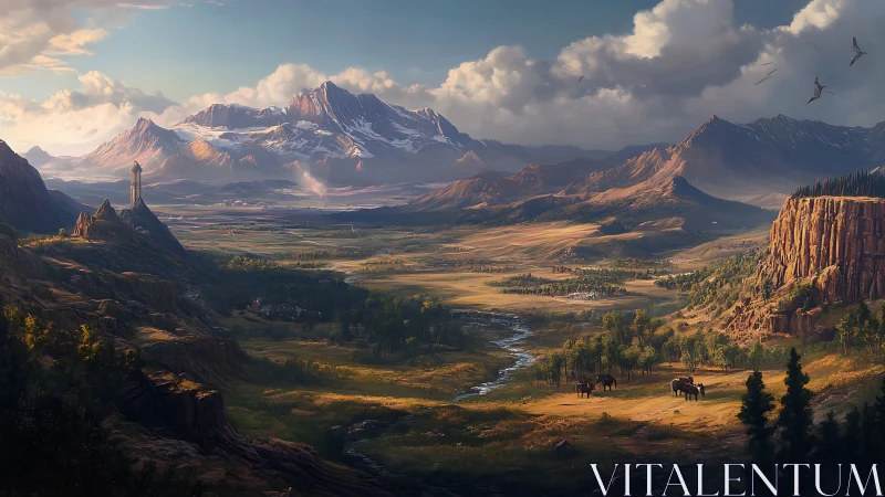 Sunlit valley drifts between watchtower spire and dragon peaks