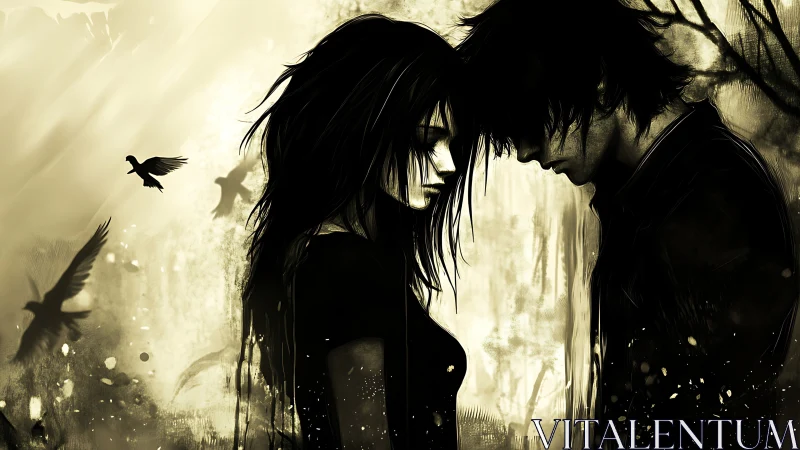 Two Figures in Silhouette Against Golden Light.