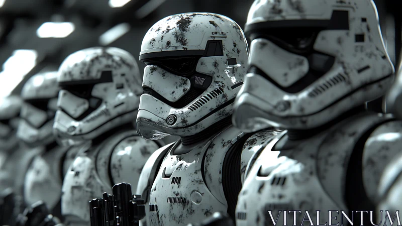 Weathered sci‑fi armor line rendered with cinematic depth of field