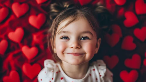 Young child smiling against red heart background.