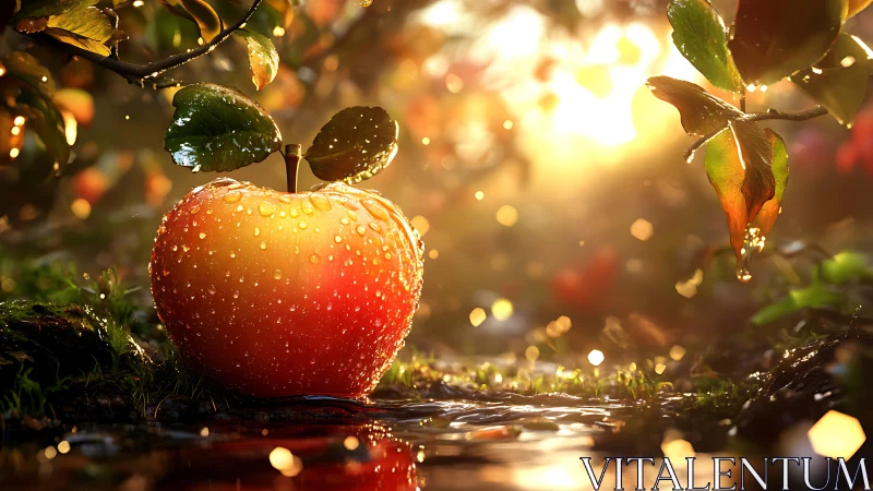 Dew-covered apple on ground with foliage and backlight.
