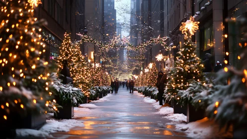 Urban winter walkway with symmetrical holiday lighting display.