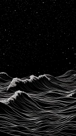 Monochrome line art seascape under dense starry sky.
