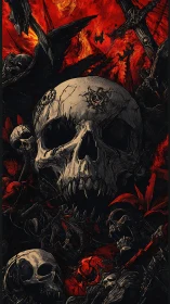 Grim skull collage in fiery hellscape with swords and bats.