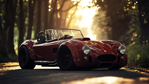 Red classic roadster parked on forest road at sunset.