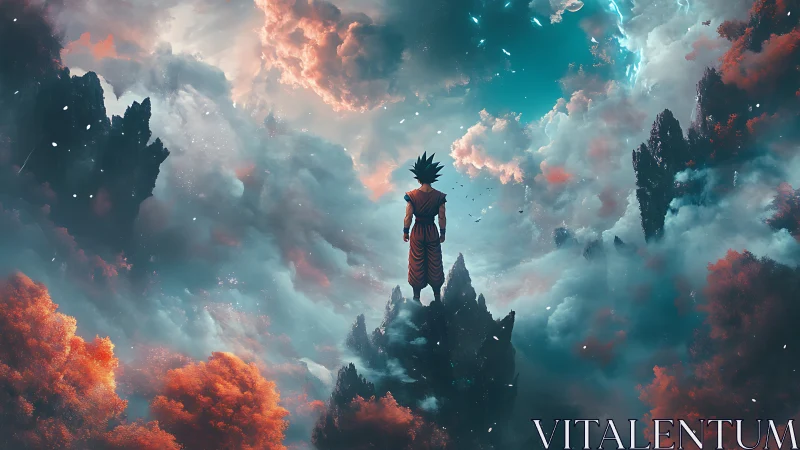 Lone warrior gazes over surreal stormlit fantasy sky realm