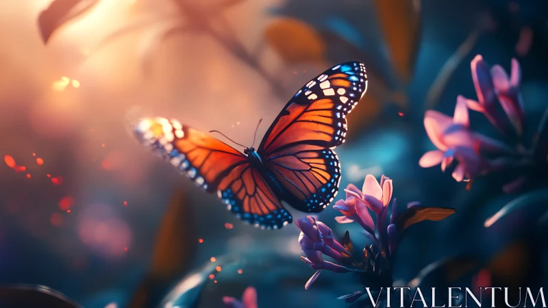 Monarch butterfly in cinematic dusk bokeh over florals.