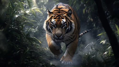 Jungle shadows kneel as a prowling tiger parts the mist