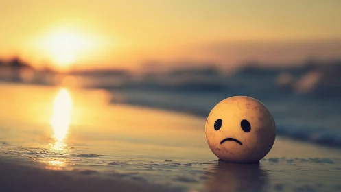 Sad face sphere on wet shoreline at soft sunset light.
