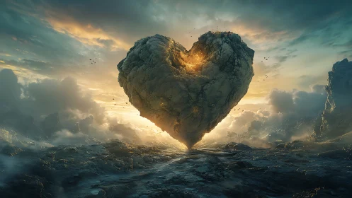 Levitating stone heart under dramatic atmospheric backlight.