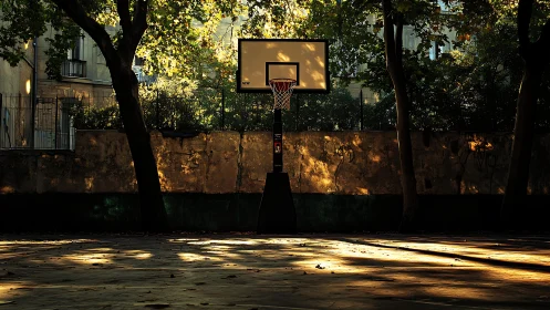 Solitary urban basketball hoop framed by dappled evening light