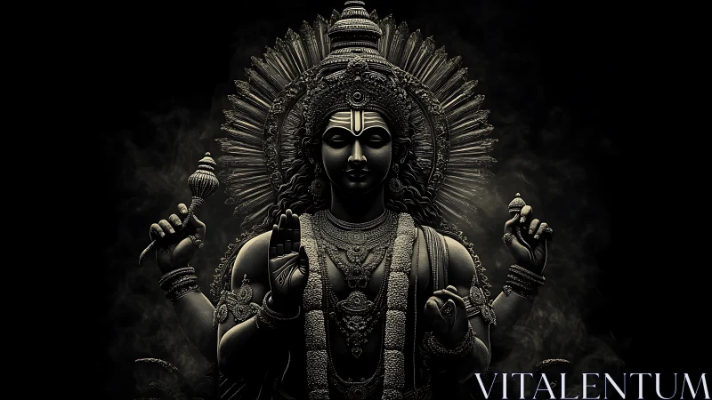 Divine multiarmed deity statue emerges from dark vapor
