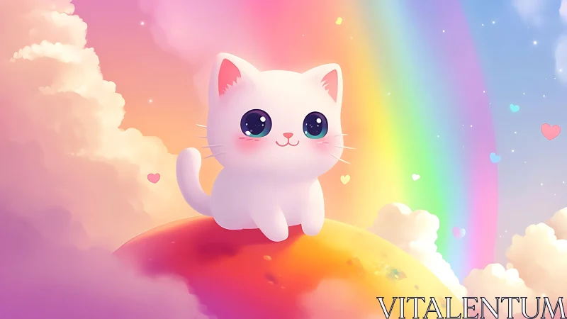 Kawaii white kitten under pastel rainbow sky on planet.