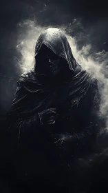 Hooded skeletal wraith emerges from swirling black mist
