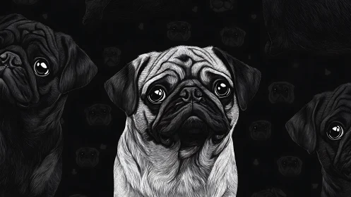 Moody monochrome pug portrait with repeating dark pattern.