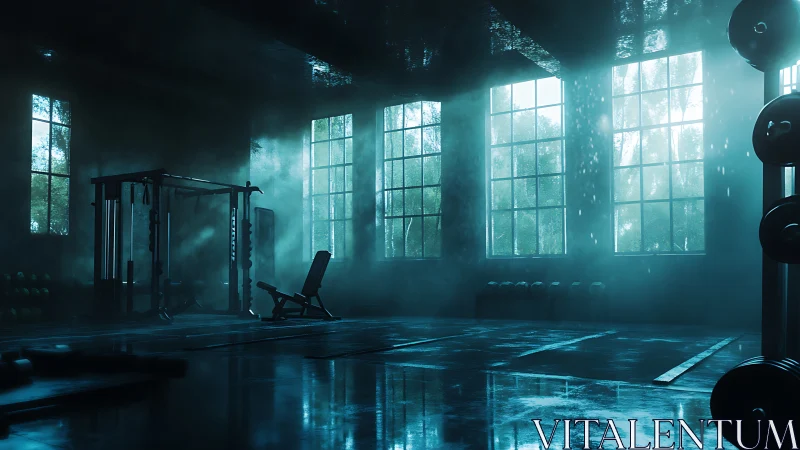 Moody high-contrast gym interior with volumetric window light and haze
