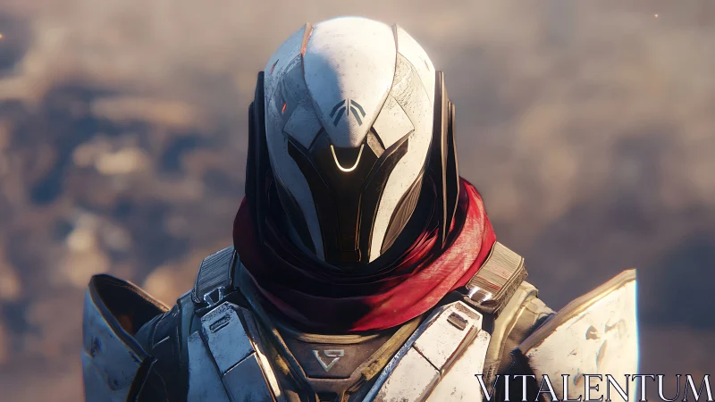 Armored sci fi soldier with white helmet and red scarf.