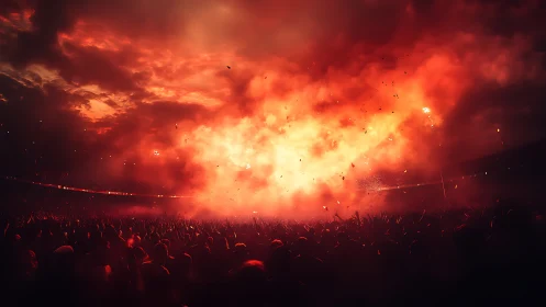 Stadium crowd under explosive red pyrotechnic sky.