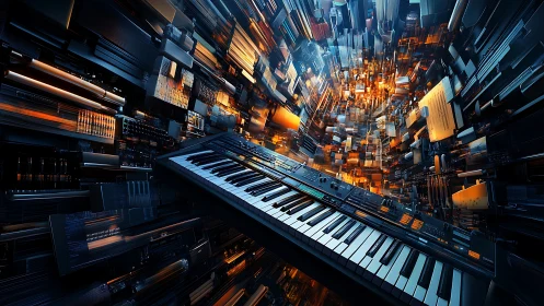 Synth keyboard drives explosive neon cyber cityscape sound