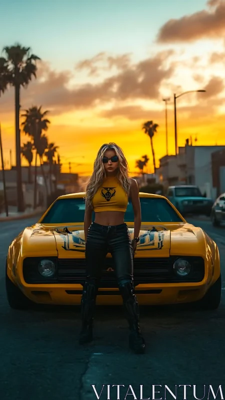 Sunset street power with yellow muscle car and stance.