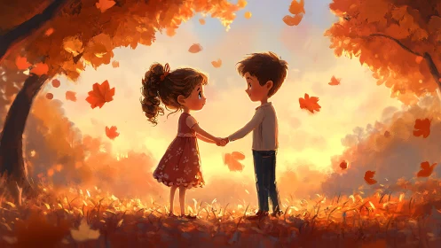 Autumn's Hand-Holding Promise: Children's Falling Leaf Moment.