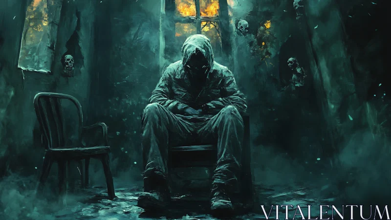 Hooded figure in decayed room with spectral skull apparitions