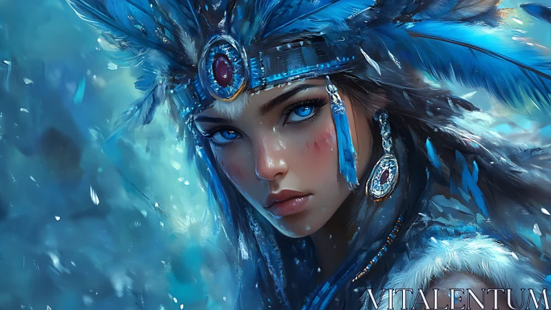 Crystal-eyed warrior portrait with cerulean feather headdress.
