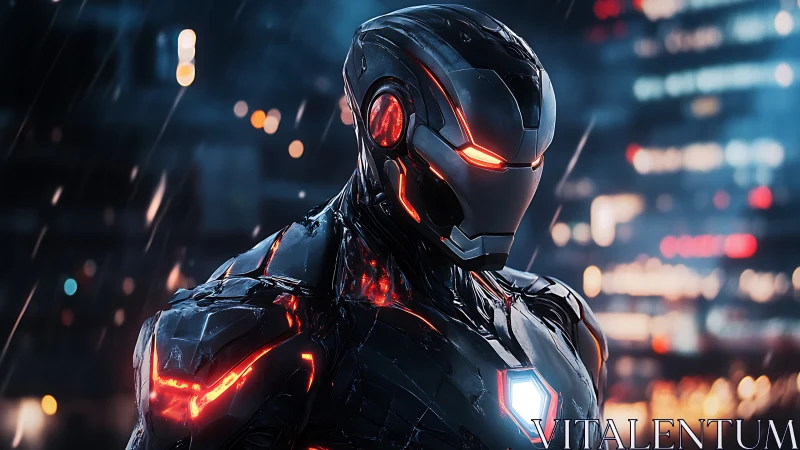 Rain-soaked urban combat exosuit with red luminous circuitry.