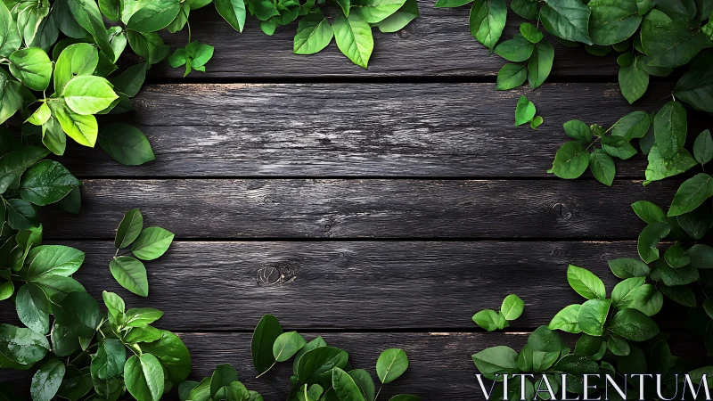 Green leaves framing dark rustic wooden boards background.