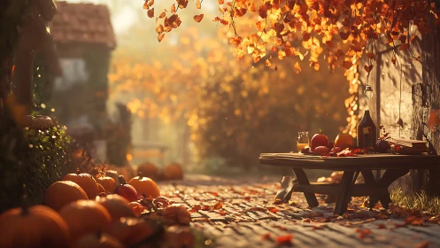 Autumn courtyard table with pumpkins in golden sunset glow.