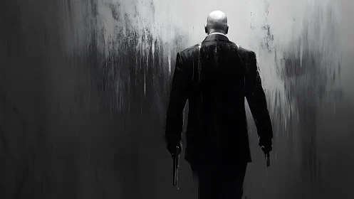 Bald suited man holds two pistols while walking forward