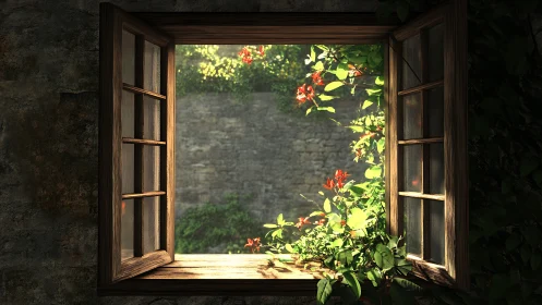 Rustic wooden window opening onto sunlit garden view.