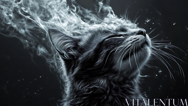 High contrast monochrome cat portrait with vaporous headscape