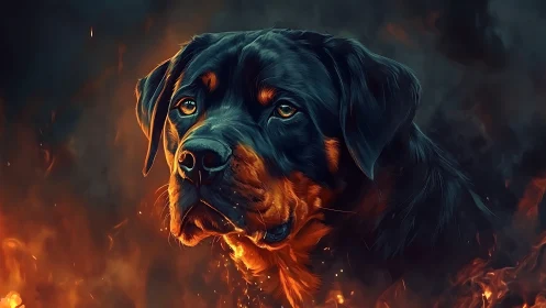 Firelit guardian dog studies embers with steady, glowing calm