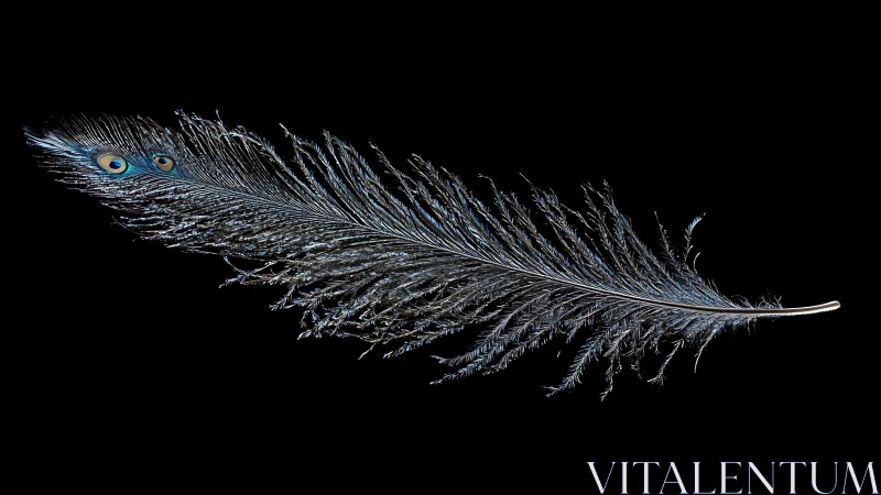 Macro study of a single iridescent peacock feather on black.