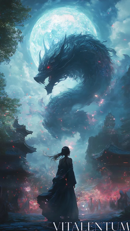 Silhouetted figure confronts spectral dragon beneath full moon