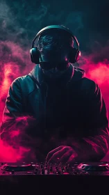 DJ wearing headphones mixes tracks amid pink and teal smoke
