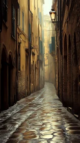 Wet cobblestone alley in hazy backlight with strong linear perspective