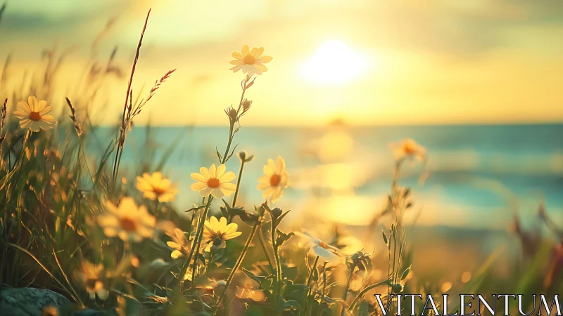 Backlit coastal daisies rendered in warm shallow-focus light