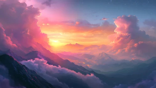 Radiant sunset clouds over dreamy pastel mountain range.
